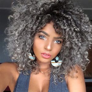 Wigs Synthetic Wig 14" Kinky Curly Natural Black Grey Ombre Hair Heat Resistant With Bangs Mixed Brown and Blonde Wig for Black Women