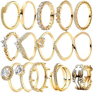 Sier Women Fit Ring Original Heart Crown Fashion Ring Gold Plated 지르콘 반짝이는 공주 뼈
