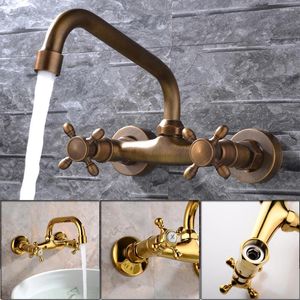 Bathroom Sink Faucets SKOWLL Antique Faucet Bathoom Cold Mixer Tap Wall Mount Basin Double Cross Handle Vanity SK-1403