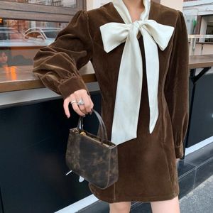 Casual Dresses Autumn Winter Vintage Wine Velvet Black Dress Female Elegant Bow Collar Short Slim Sweet Office Small Fragrance Women Mini