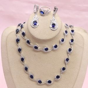 Uppsättningar blå safirsmycken för kvinnor 925 silverörhängen armband hänge halsband ring bröllop smycken presentförpackning