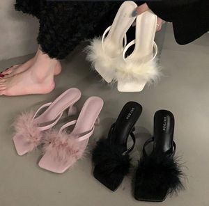 High Heels Plush Flip Flop Slippers For Women's Outwear Summer New Fairy Style Pinch Toe Black Pink Slipper Dinner Party Wear