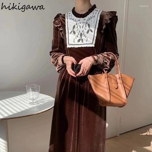 カジュアルドレスエレガントなドレス女性用服パッチワークOネックフリル韓国のローブフェム2024 Vestidos de Mujer Vintage Velvet Maxi