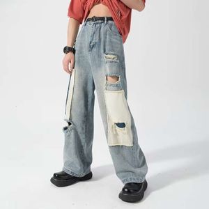 Sommerliche amerikanische Distressed-Patch-Jeans aus kontrastierendem Denim, lockere, bodenlange Hose mit geradem Bein für Herren, trendige High-Street-Casualhose