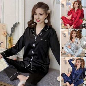 Kadın Slaı Kıyısı Kadınlar İki Parçalı Loungewear Seti Zarif İpeksi Buz İpek Pijamaları Y99 için yakalı uzun kollu geniş kollu