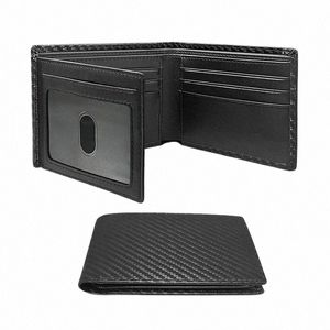 Carteira Slim Minimalista Tri-Fold Carb Fiber RFID Bloqueando Carteira Masculina com Janela de ID e 9 Slots para Cartão n54l #