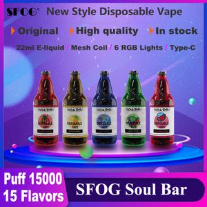 SFOG original 15000 puff 15000 vapes disposable puff e cigarette vaper soul bar 15000 puff 15k puff 22ml pod 15 flavors vaper 6 RGB lights rechargeable vapor pen