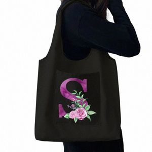 Saco de loja preto feminino casual grande capacidade roxo carta nome inicial padrão impresso lona bolsa de ombro reutilizável h5ja #