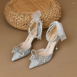 Dress Shoes Bridal Wedding Women Pumps Crystal Bowknot Satin Sandals 2024 Summer Transparent High Heels Party Prom