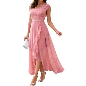 Casual Dresses Women's Fashion Lace V Neck Short Sleeve Solid Color Gown Elegant High Waist Layers Irregular Ruffle Hem Evening Dress