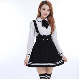 Японская школьная форма для девочек-студентов, милая одежда, темно-синяя юбка на бретельках, белая рубашка, чулки, комплект из 3 предметов 240325