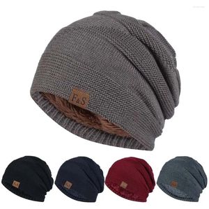 Berets Fleece Lined Men's Winter Hat With Tag Fashion Striped Polyester Knitted Cap Warm Plain Beanies Male