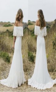 Abiti da sposa vintage Boho con spalle scoperte Sweep Train maniche corte Abiti da sposa bohémien da spiaggia Plus Size6672010