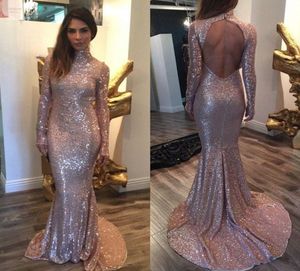 Long Sleeve Mermaid Silver Long Evening Dresses High Neck Sequin Beading Backless Sweep Train Formal Prom Dresses8075259