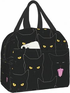 Czarne koty izolowana torba na lunch dla kobiet mężczyzn wielokrotnego użytku szczelna torba na buty z frt kieszenie chłodne torba robocza plaża piesza n6Yg#