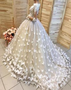 Butterfly Appliques Ball Gown Wedding Dresses With Illusion Long Sleeves Wedding Gowns Lace Handmade Flowers Bridal Dress Vestidos9462540