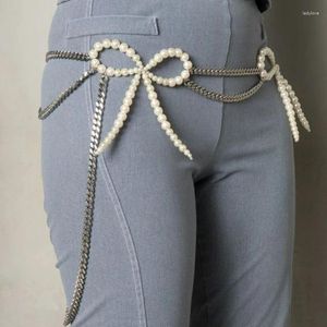 Bälten europeisk och amerikansk stil pärlstav metallkedja båge pärla midja kvinnors denim byxor tillbehör