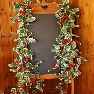 Decorative Flowers Holly Leaf Christmas Garland Red Berries Silk Berry 2M Artificial Greenery