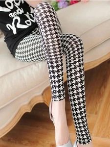 Calças femininas Primavera Leggings Coreano Moda Leite Seda Nove Meia-Idade e Idosos Impressos Mil Pássaros Verificação