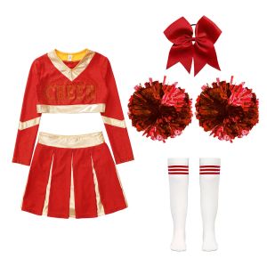 Barnflickor cheerleading enhetlig långärmad skördetopp med veckade kjoluppsättningar för Halloween kostymdansprestanda tävling
