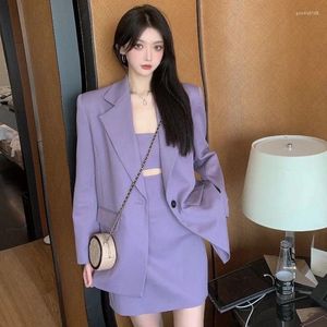 Arbetsklänningar insozkdg kvinnor höst koreansk mode kostym lila sling klänning två stycken set kvinnlig lös casual blazer mini kjol
