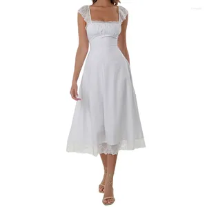 Casual klänningar xingqing kvinnor fyrkantig hals spets trim tank klänning vit lågklipp ärmlös lång elegant monterad midi trendig outfit