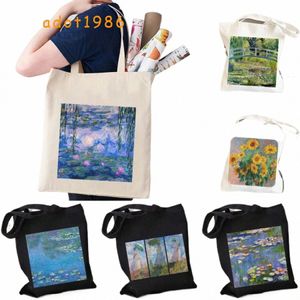 claude Met Water Lilies Painting Garden Japanese Bridge Tulip Lilac Irises Sunfrs Canvas Shoulder Tote Bag Cott Handbags S7JW#