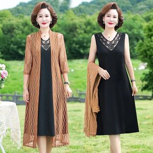 Work Dresses Women Two Piece Set Casual Long Cardigan Sun Protection Cape And 3/4 Sleeve Solid Color V Neck Vest Dress Retro Lady Suit