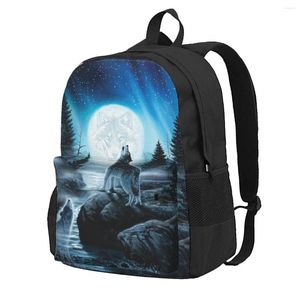Storage Bags Backpack Forest Moon Animal Wolf Casual Printed School Book Shoulder Travel Laptop Bag For Womens Mens