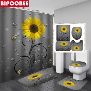 Duschgardiner gula blommor gardin solros badrum set icke-halk mattor toalett lock täcker vattentätt tygbad med krokar