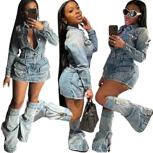 Vintage Denim Dress Set Lapel Neck Shirts Cargo Dress with Leg Covers Fall Winter Y2K Streetwear Sexy Jeans Club Party Wear 240326