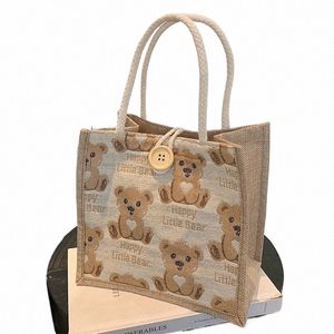 women Cute Bear Pattern Shoulder Bags Flax Girl Student Handbag Outdoor Handbags Casual Lunch Bag Underarm Bolsos Lchera Sac J8cr#