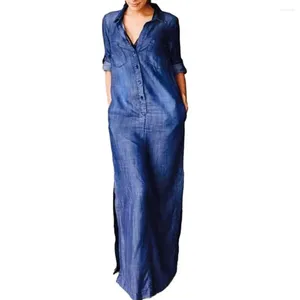 Vestidos casuais mulheres a linha denim vestido boêmio maxi com detalhando bainha dividida para plus size tornozelo comprimento botão-up commute