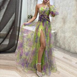 Casual Dresses Elegant Formal Party Dress One Shoulder Tie-dye Ball Gown With Mesh Bubble Sleeve Split Hem Women's Floor Length Evening