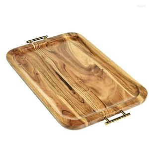 Tea Trays Acacia Wood Rectangle Tray With Gold Color Handles One Size Glass Food For Serving White Rattan