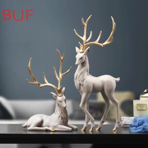 Sculptures BUF Light Luxury Resin Elk Statue Home Decoration Animal Sculpture TV Wine Cabinet Decorated Figurines Creative Ornament Gift