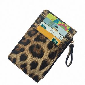 Nytt leopardmönster läder liten blixtlås myntväska för kvinnor män smal kort plånbok busin kreditkort hållare väska trevliga gåvor v3ub#