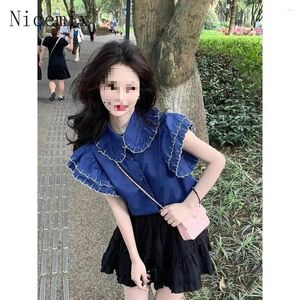 Women's Blouses French Doll Neck Flying Sleeves Navy Blue Shirt Women Tops Summer Sweet Loose Versatile Age Reducing Clothing