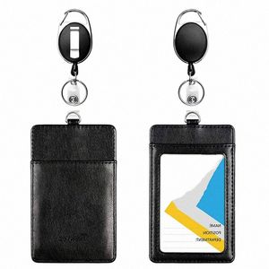 women Men Black Card Wallet Retractable Key Chain Lanyard for Keys ID Card PU Leather Bus Pass Card Case Cover Badge Holder 21xO#
