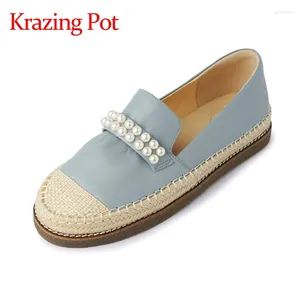 Buty swobodne Krazing Pot Oryginalny skórzany stóp palca Pearl Freading Style Princess Dość wolny moda Preppy poślizg na kobietach Flats L62