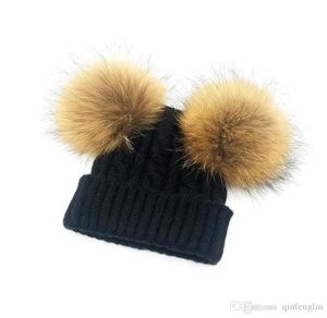 Barn vinterhatt med 2st päls pompoms pojke flickor naturliga päls boll beanie barn kepsar dubbel riktig päls pom pom hatt för barn2405629