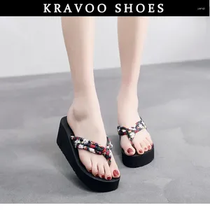 Slippers KRAVOO Platform Shoes For Women Small Floral Flip Flops Wedges Sandals Women's High Heel Beach Slides Summer 2024