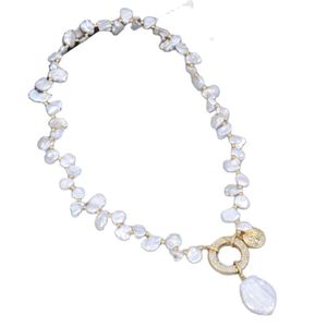 Guaiguai jóias natural de água doce cultivada branco keshi pérola gargantilha colar moeda pérola charme pingente 18quot para women5672532