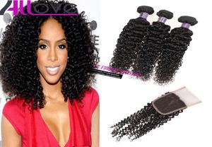 Allove 8A brasilianska jungfruliga mänskliga hårbuntar wefts kinky curly 3 st med spetsstängning malaysiska peruanska förlängningar hela för3678764