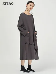 Casual Dresses Xitao Oregelbundet Split Midi Dress Elegant Fashion 2024 Spring Pullover Pocket Minority Patchwork Style WQR1935