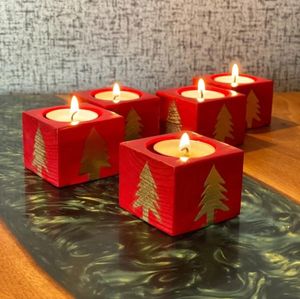Ljushållare trä dekorativ naturlig uppsättning av 5 jul tall träd dekoration ljusstake för ljus heminredning bröllop