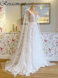 Romantic Illusion 3D Flowers Ribbons A-Line Wedding Dresses V-Neck Sleeveless Appliques Lace Bridal Gowns Robe De Mariee