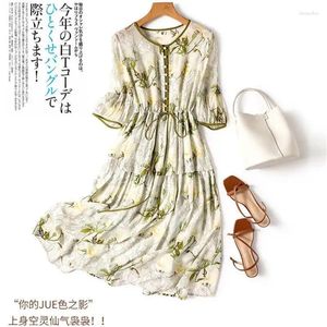 Party Dresses Limiguyue French Silk Floral Print Thin Summer Dress Lace Up Ruffle High Waist A-Line Midi Casual Female Vestidos Z109