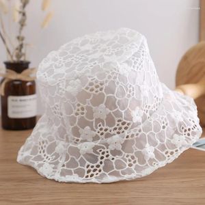 Berets White Lace Bucket Hat For Women Thin Breathable Uv Protection Sun Hats Korean Girls Hollow Panama Basin Caps Travel Beach Visors