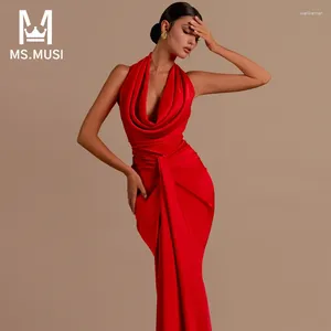 Casual Dresses MSMUSI 2024 Fashion Women Sexy Halter Draped Fold Sleeveless Backless Bodycon Party Club Event Maxi Dress Long Gown Vestidos